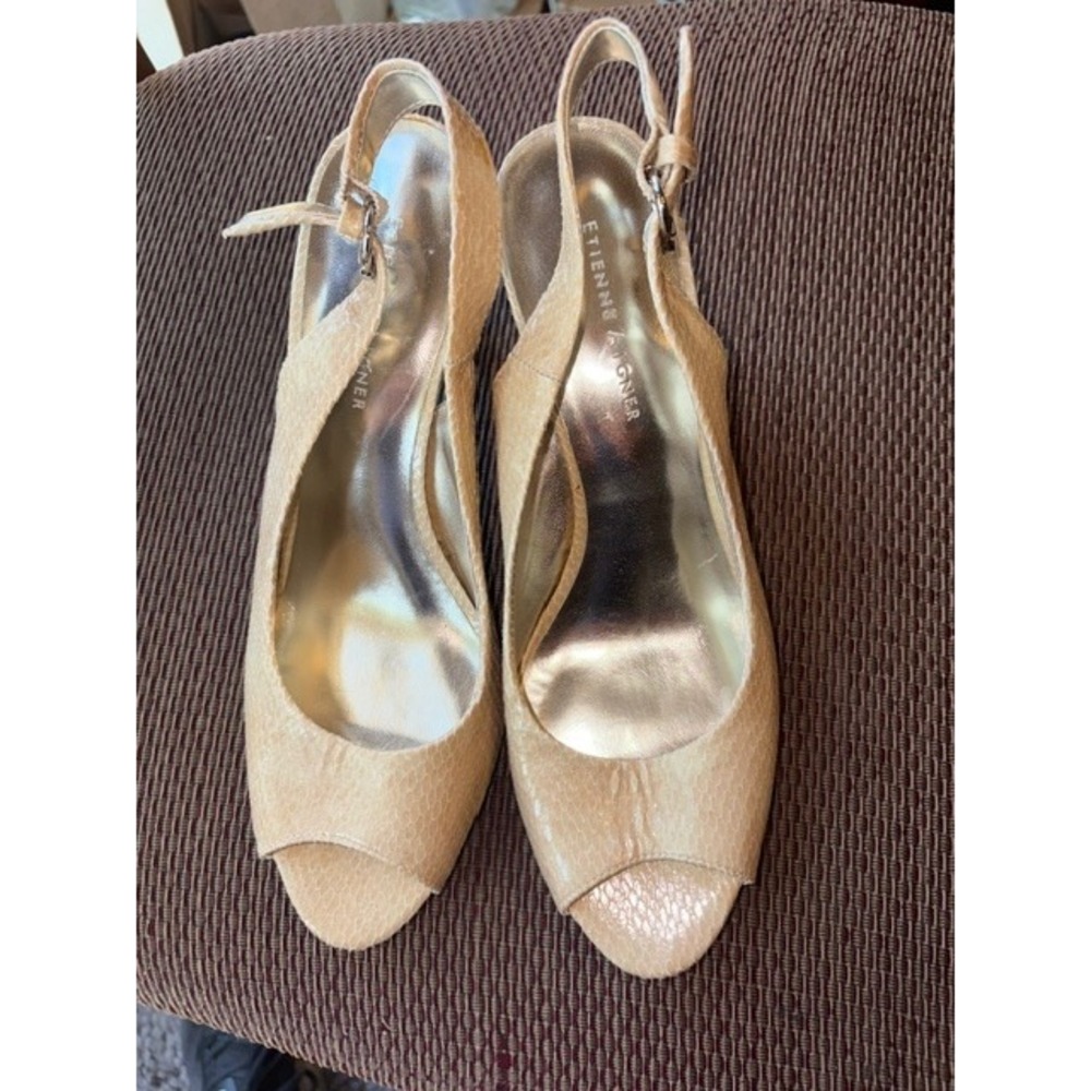 Etienne‎ Aigner Marbella Peep Toe Slingback Pumps Beige Snake Print Heels 8.5M